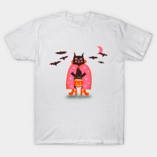 Cute black halloween cat with bats illustration T-Shirt